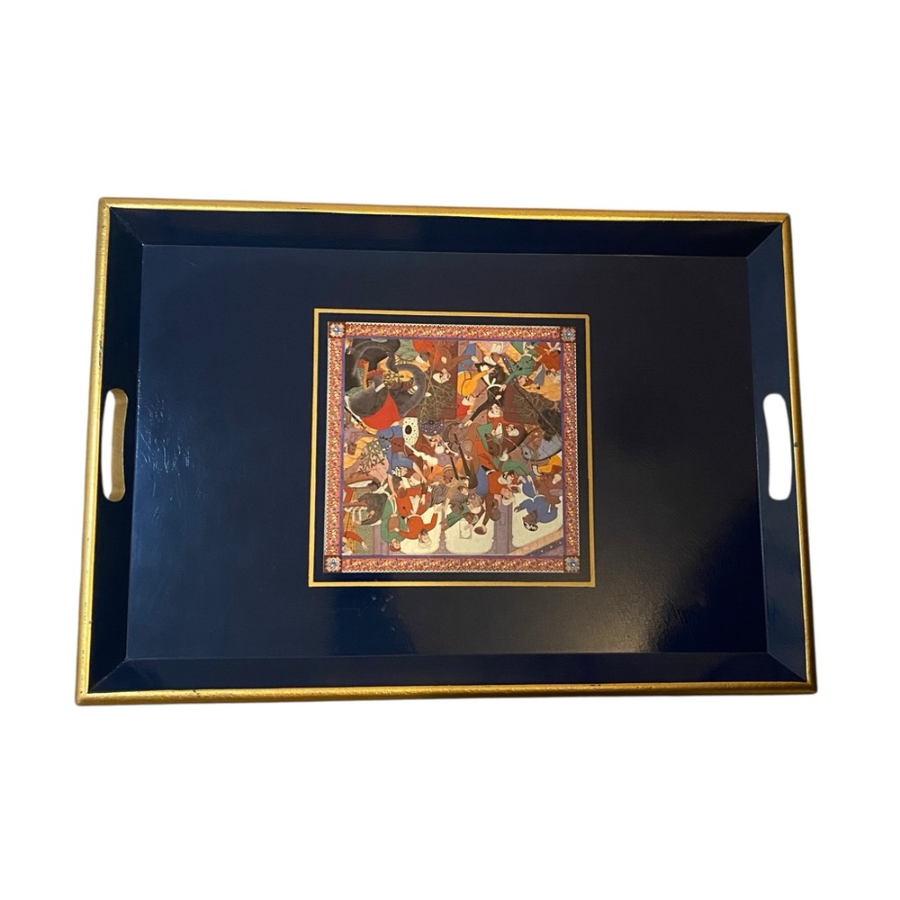 Vintage Pimpernel Elegant Blue Wood Serving Tray with Gold Trim